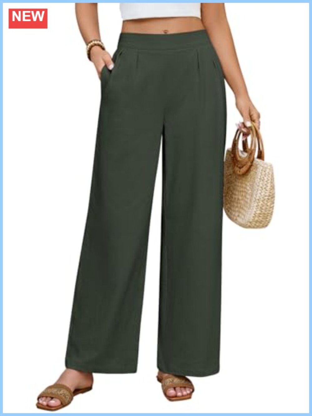 Womens 100% Cotton Wide Leg Palazzo Pants High Waist Pleated Trousers Pockets